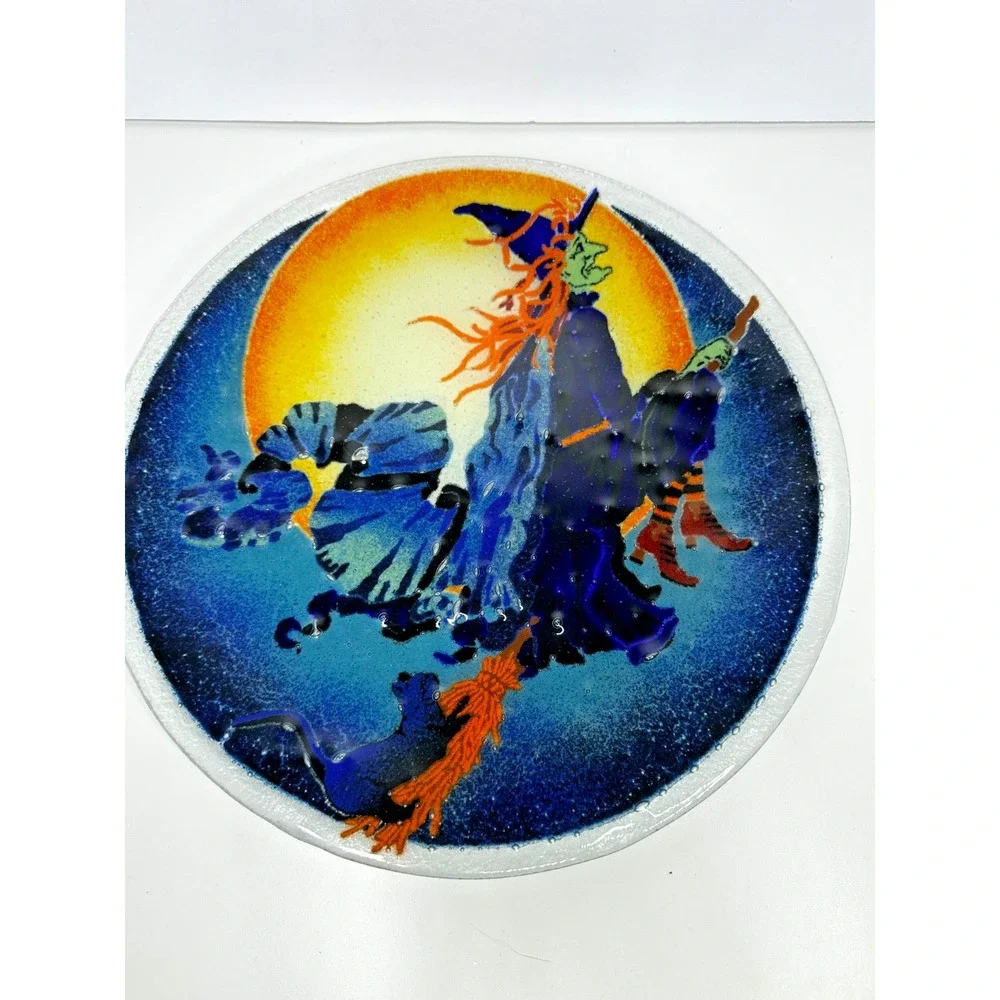 Peggy Karr Fused Glass Halloween Plate Witch Cat Art 11 in
